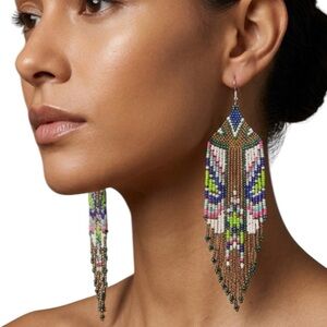 NWT Boho Cobalt Blue Seed Bead Fringe Earrings | Gold Beaded Dangle Jewelry